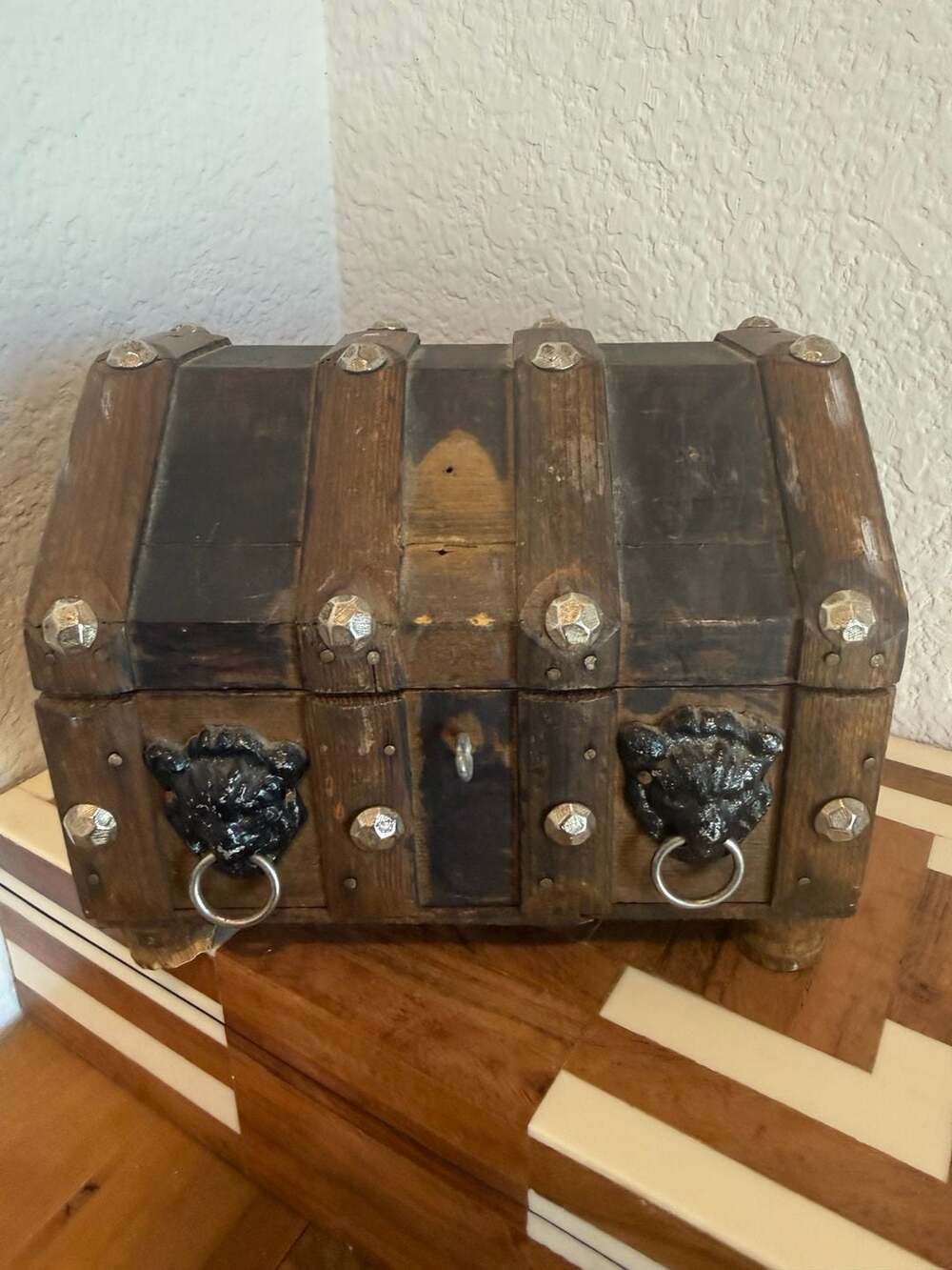 Vintage Wooden Decorative Small Treasure Chest Box with Lion Ring Pulls